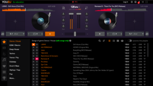 Screenshot of a webpage showing a DJ mixer and a selection of tracks to choose from.